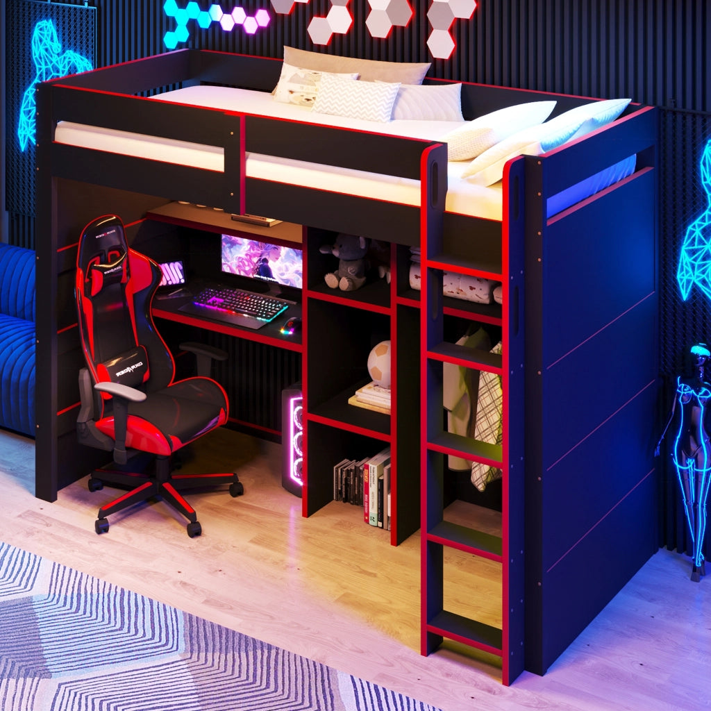 Letto a soppalco 90 × 200 cm con scrivania armadio aperto LED USB in MDF e compensato nero e rosso