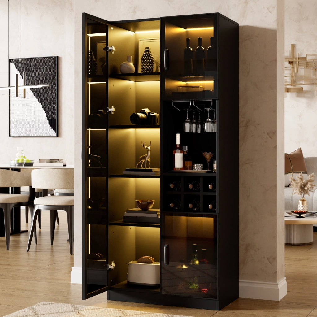 Vetrina con LED App; Portabottiglie e Ripiani - per Soggiorno - 60×36×160 cm - Nero