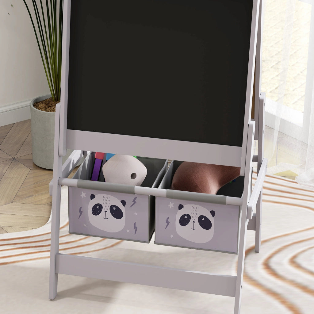 Lavagna per Bambini 54x46,5x93 cm con Cavalletto 3 in 1 e 2 Contenitori in MDF e Legno Grigio