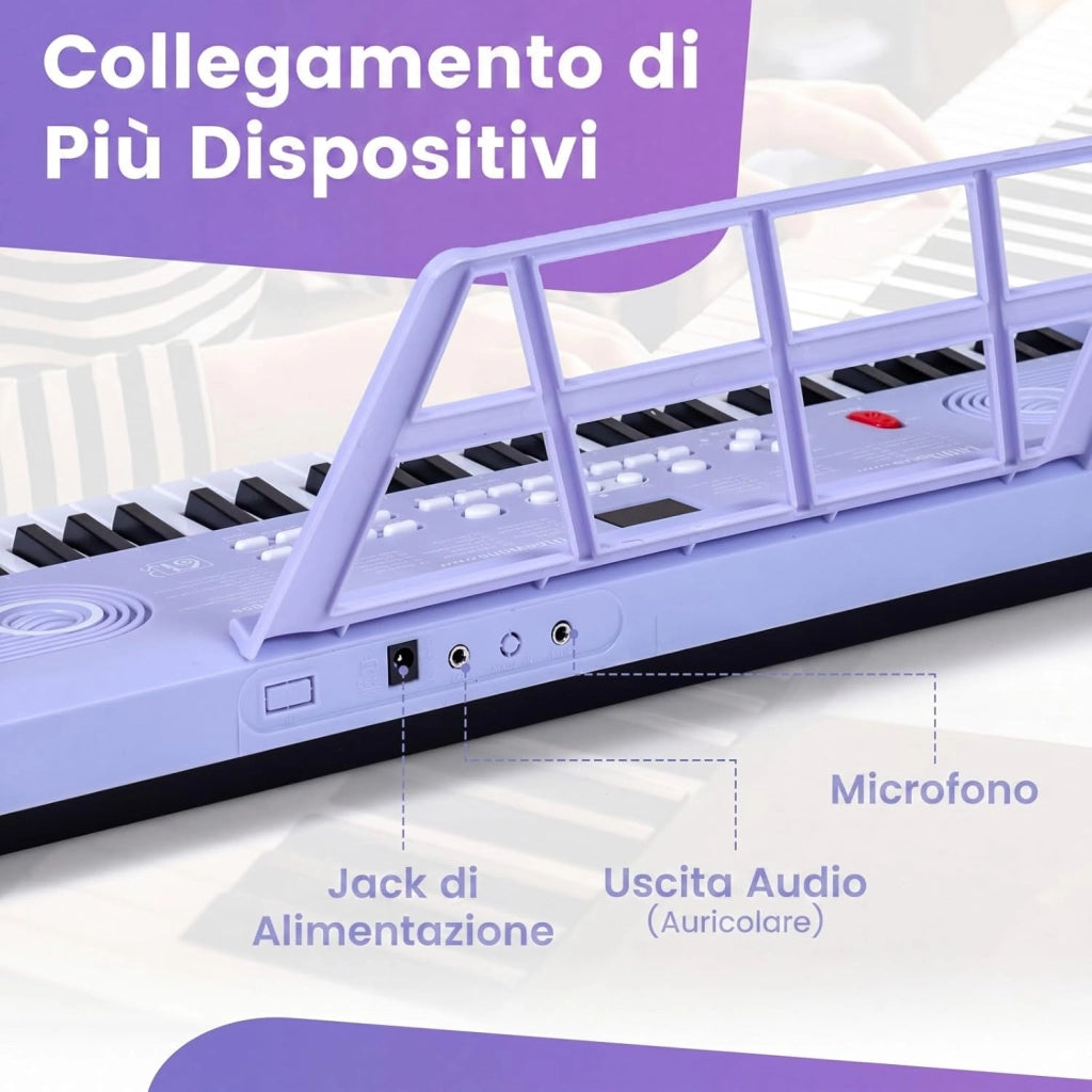 Pianoforte Digitale a 61 Tasti, Pianoforte Elettronica con Supporto, Microfono, Pianoforte Portatile con Adesivi per Tasti e Borsa da Trasporto, per Bambini e Adulti (Viola)