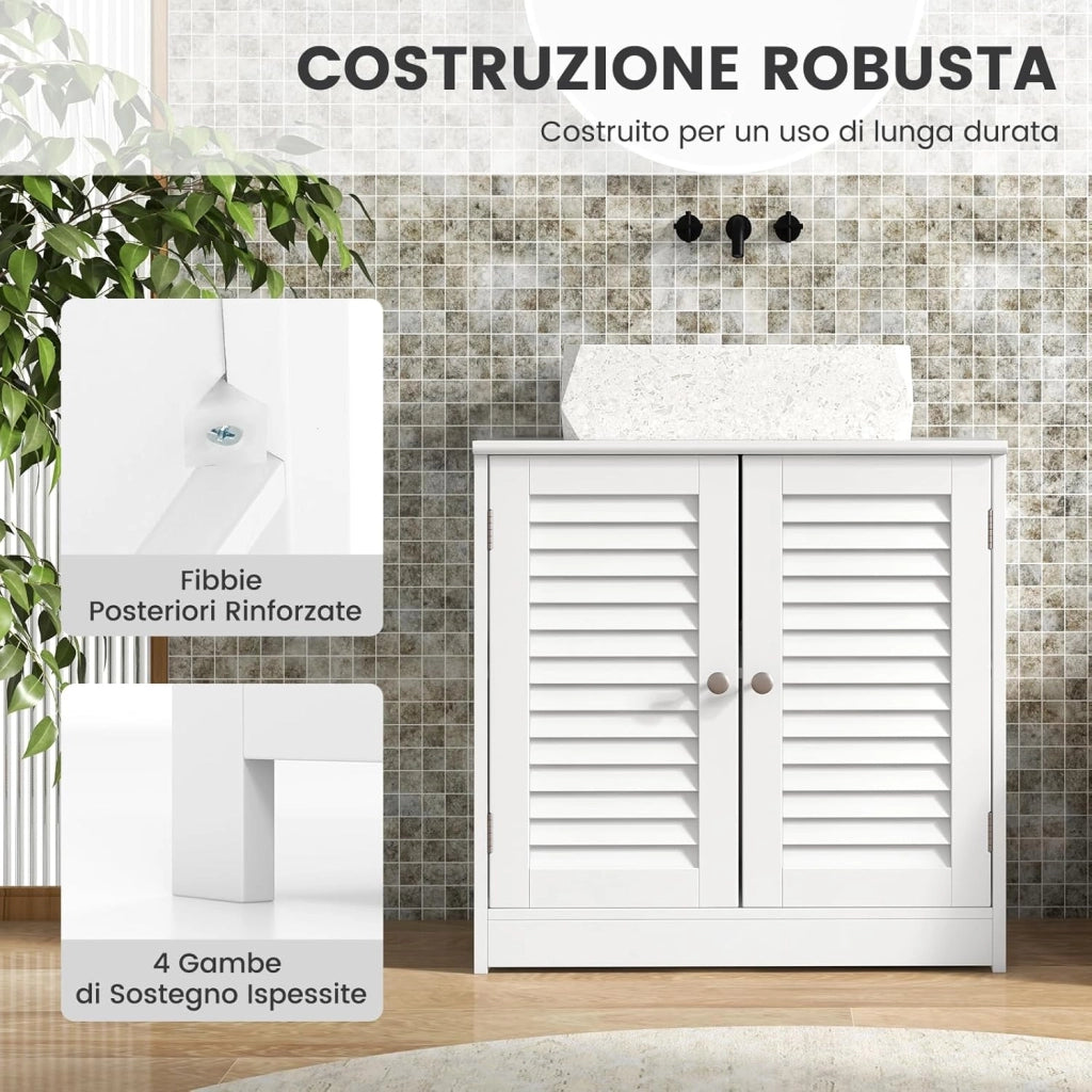 Mobile Sottolavabo per Bagno, Armadietto a Terra con 2 Ante a Persiana, Ripiano e Taglio a U 24 x 20cm, Organizer Moderno e Salvaspazio per Prodotti da Toeletta e Asciugamani, Bianco