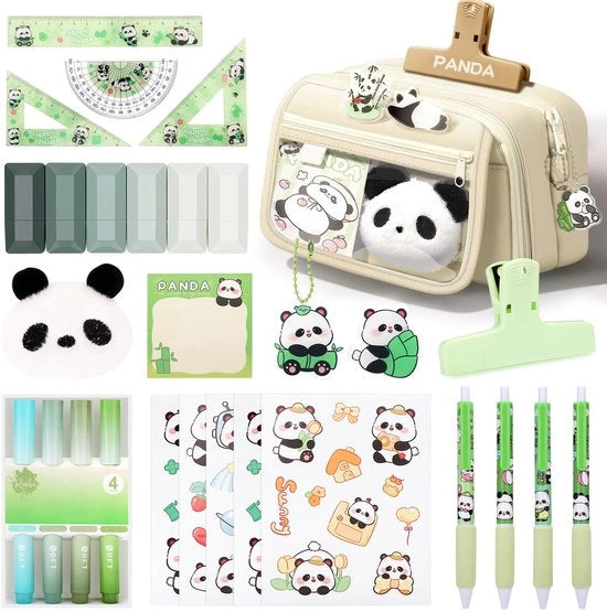 Set di scuola estetica per ragazze, 29 pezzi, contenitore, 4 matite coloranti, 4 pennarelli panda, 6 adesivi, 4 righelli, stuzzichini, articoli scolastici per ragazze pulite, beige