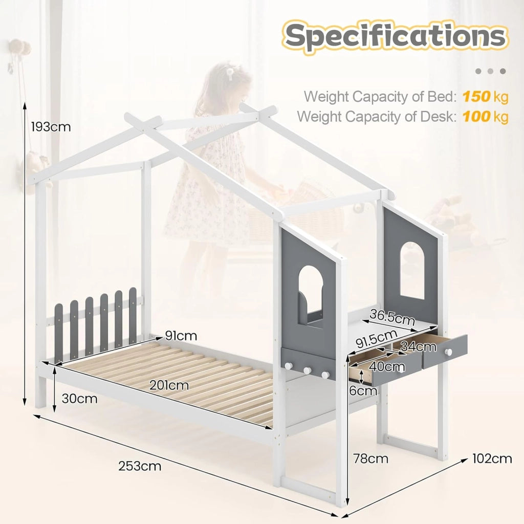 Telaio per letto a forma di casa con scrivania, letto capanna per bambini con vassoio rimovibile, cassetti, ganci, doghe in legno, per ragazzi e ragazze, nessuna rete necessaria (90 x 200 cm)