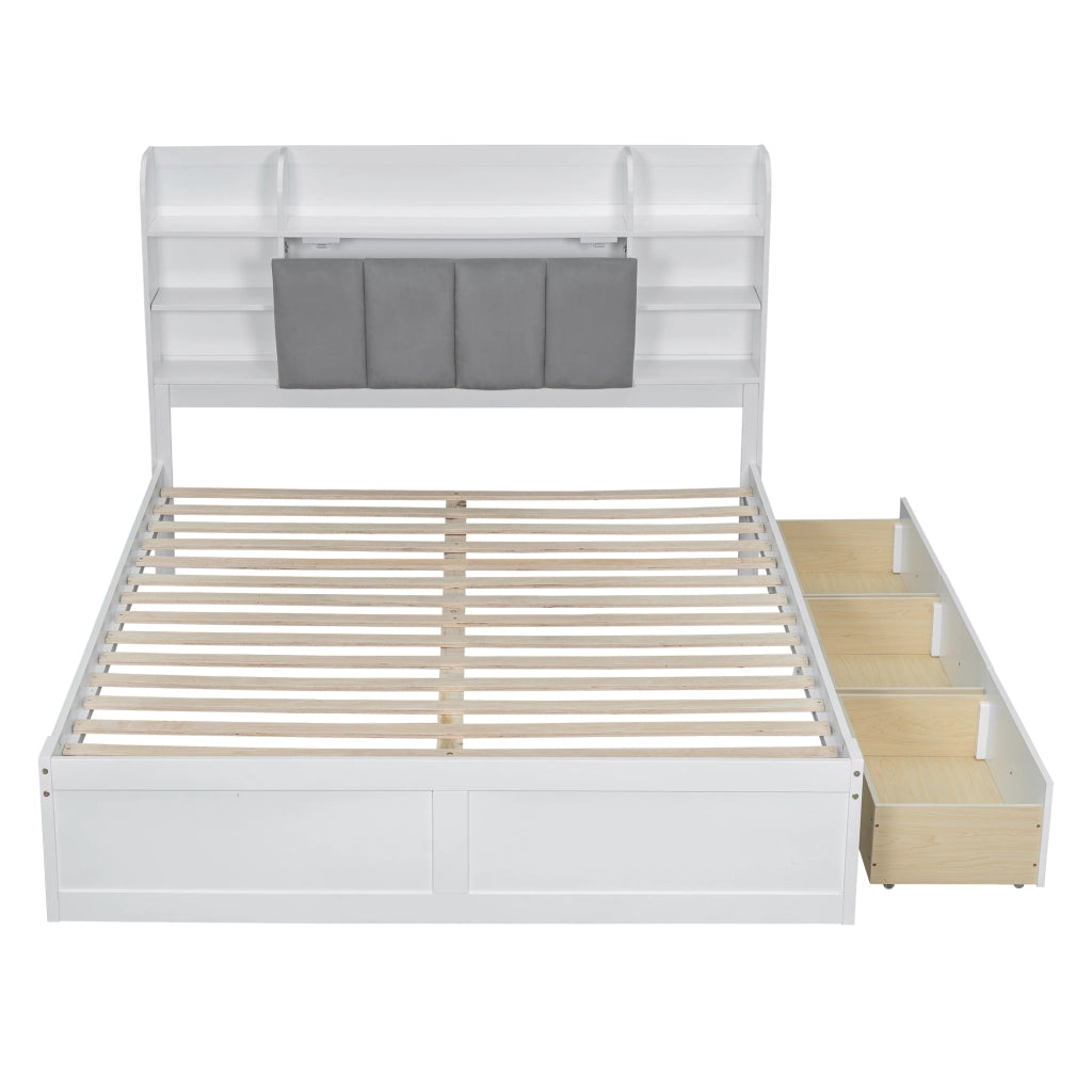 Letto con cassetti 2 posti con 3 cassetti, ripiani aperti e vano con anta ribalta, 160 × 200 cm, senza materasso