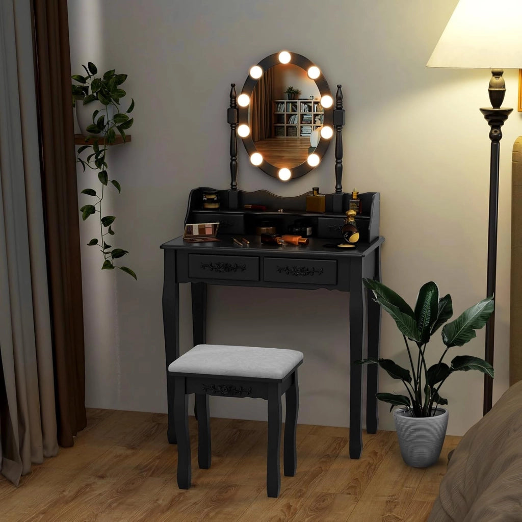 Toeletta Trucco con Specchio e 10 Luci LED, Luminosità Regolabile, Postazione Trucco con Sgabello Imbottito, Tavolo da Trucco Scrivania con 4 Cassetti Camera da Letto (Nero)