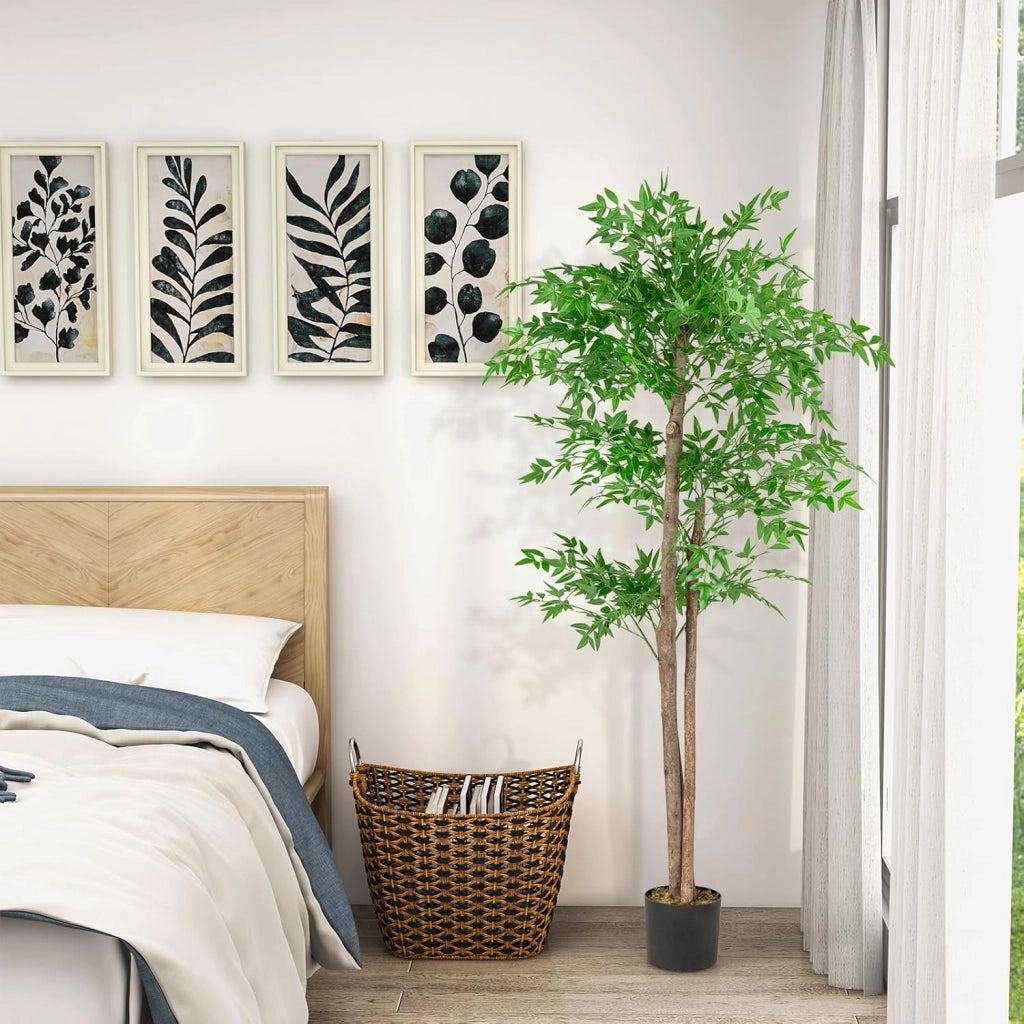 Albero di Bamboo Artificiale 150 CM, Pianta di Bamboo Finta con 1020 Foglie, Tronco in Legno Naturale, Muschio Secco Realistico, Albero Finto Alto da Interno per Casa, Ufficio e Soggiorno