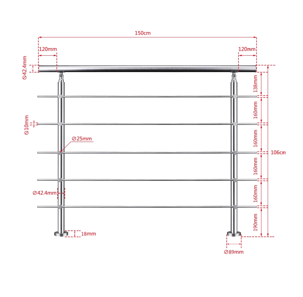 Balaustra Corrimano Ringhiera in acciaio inox spazzolato 150x106cm per interni ed esterni 5 barre trasversali