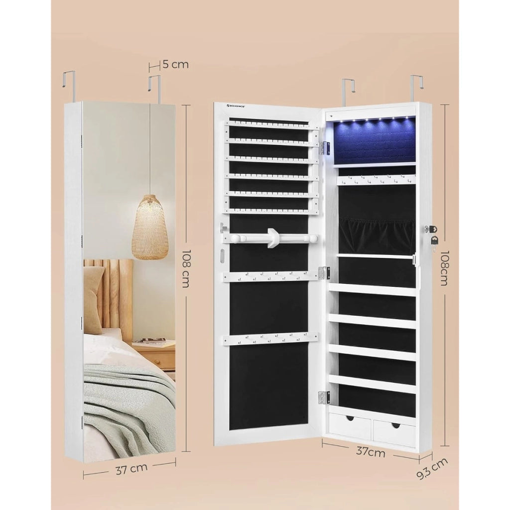 Specchiera Portagioie a Muro con Illuminazione LED e Serratura