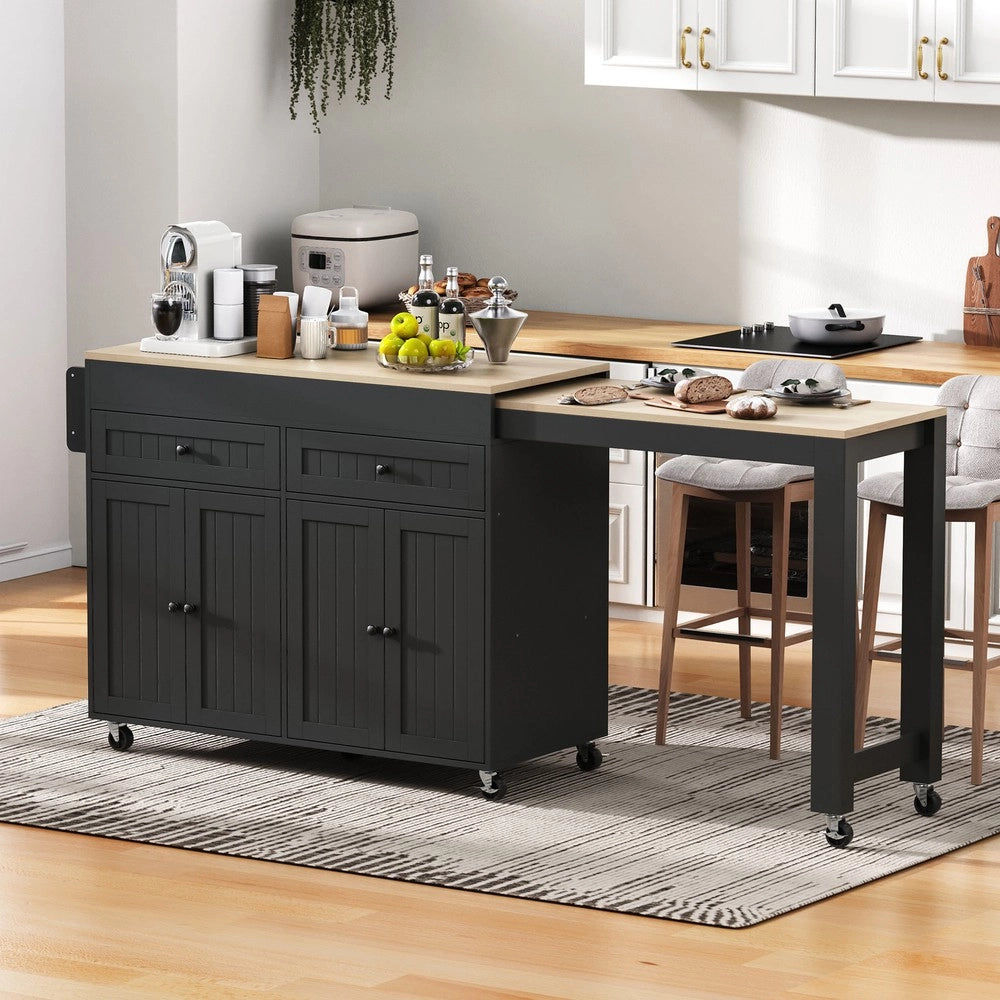 Isola Cucina su Ruote Allungabile ¨C Xylo ¨C Piano Lavoro, Cassetti, Nero e Naturale