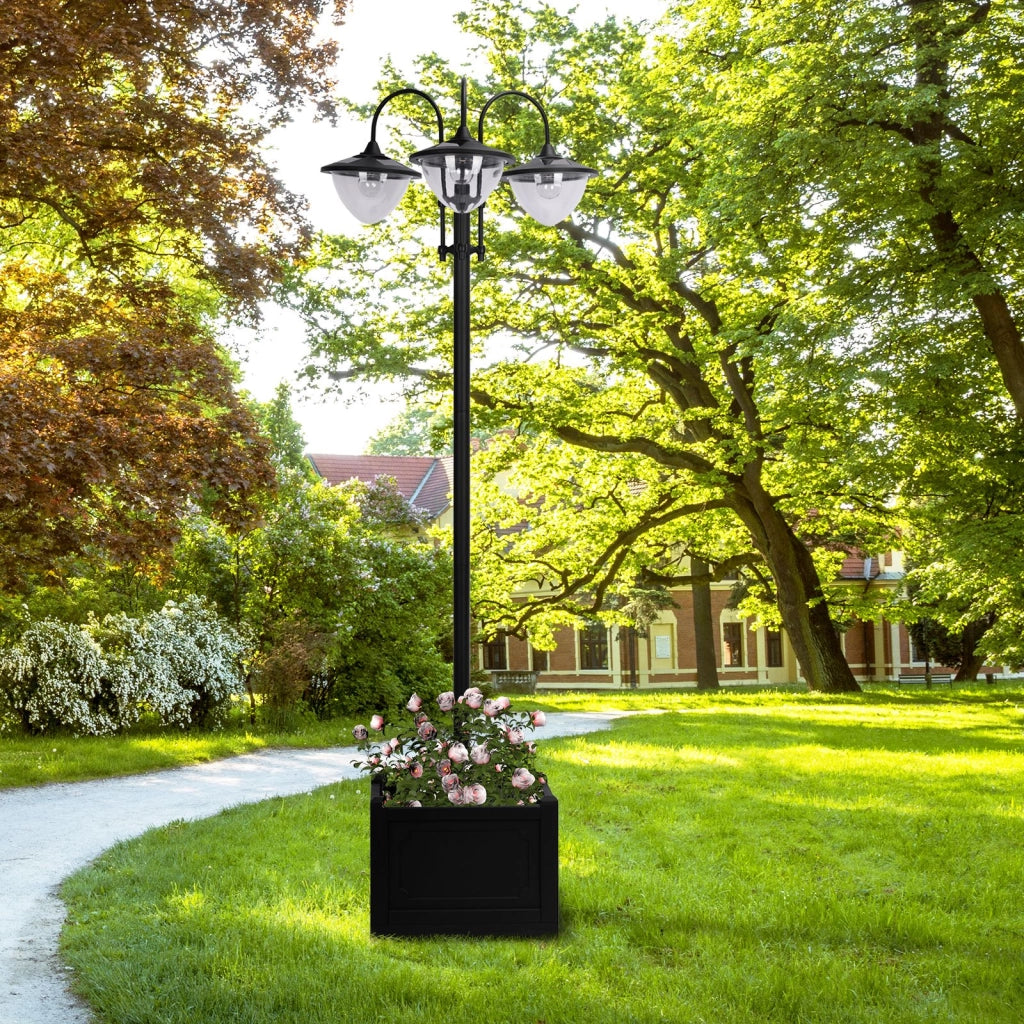 Lanterna Solare Da Giardino Tre Teste 60 X 55 X 189 Cm Plastica Nera Con Base Portavaso E Interruttore