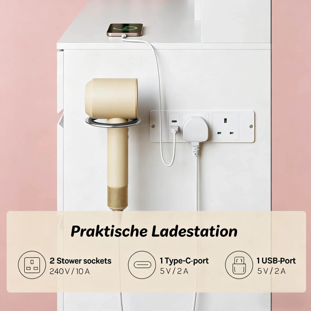 Tavolo da trucco moderno bianco con specchio scorrevole, 9 cassetti e prese integrate