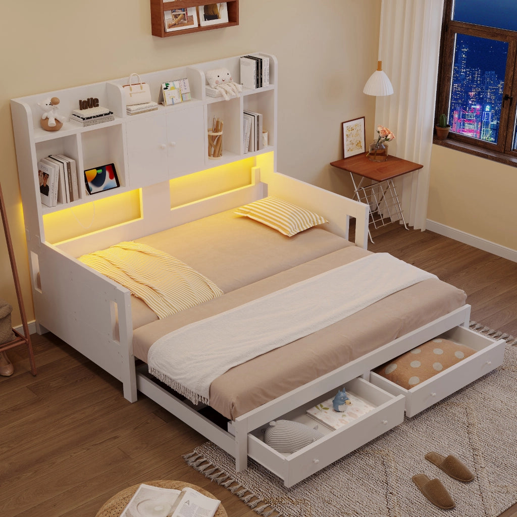 DIVANO LETTO ESRAIBILE 90x190 cm Legno Bianco con cassetti e vani