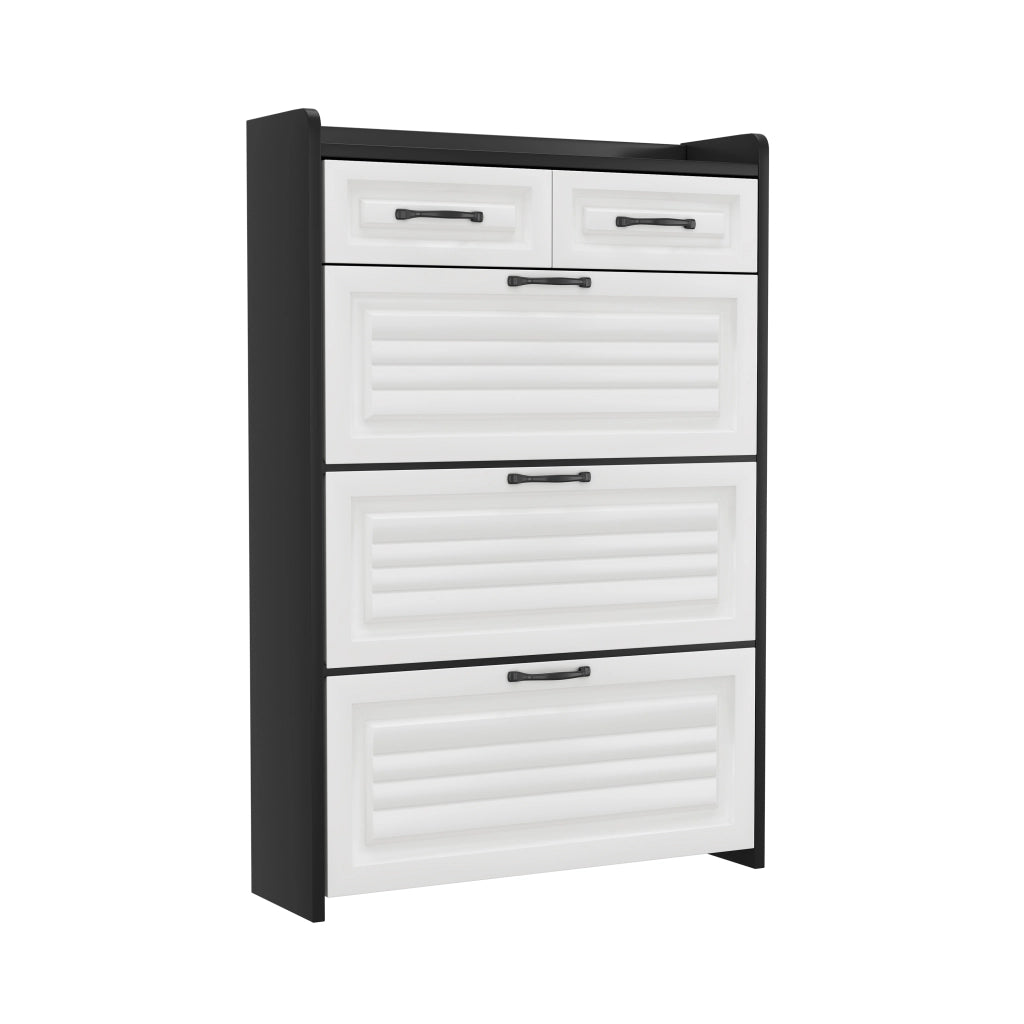 Mobile Scarpiera con 3 Ribaltine Girevoli e 2 Cassetti; Stile Moderno; in Pannelli di Truciolare; 80×23;5×131 cm; Bianco Nero