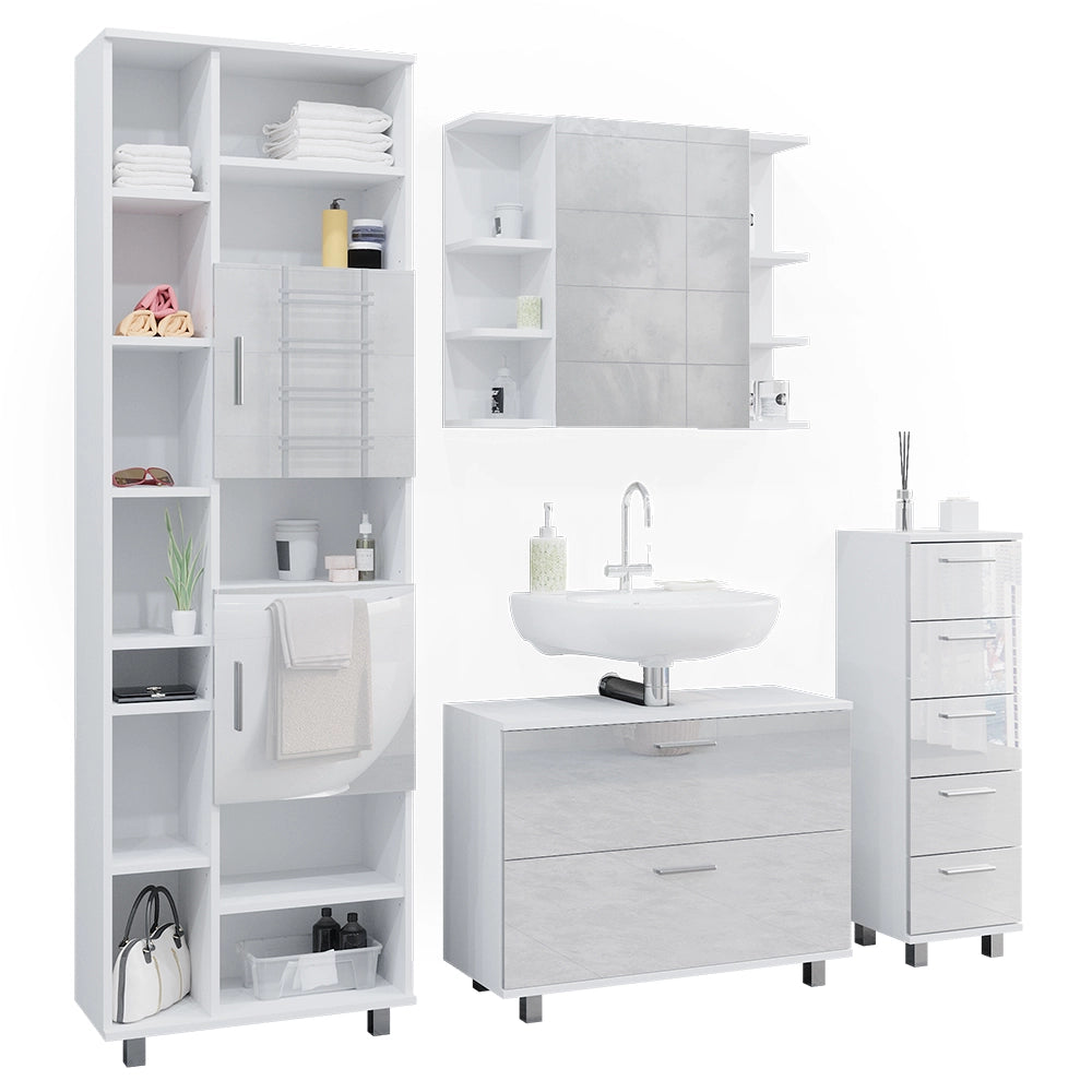 Vicco Set di mobili da bagno Bianco lucido 4 pezzi, con colonna