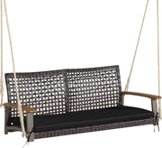 Porch Swing in Vimini PE a 2 Posti, Altalena da Esterno con Morbido Cuscino Sedile e Cordami Appendiabili, Capacità di Carico di 360 KG, Adatta per Cortile, Giardino, Portico (Nero)