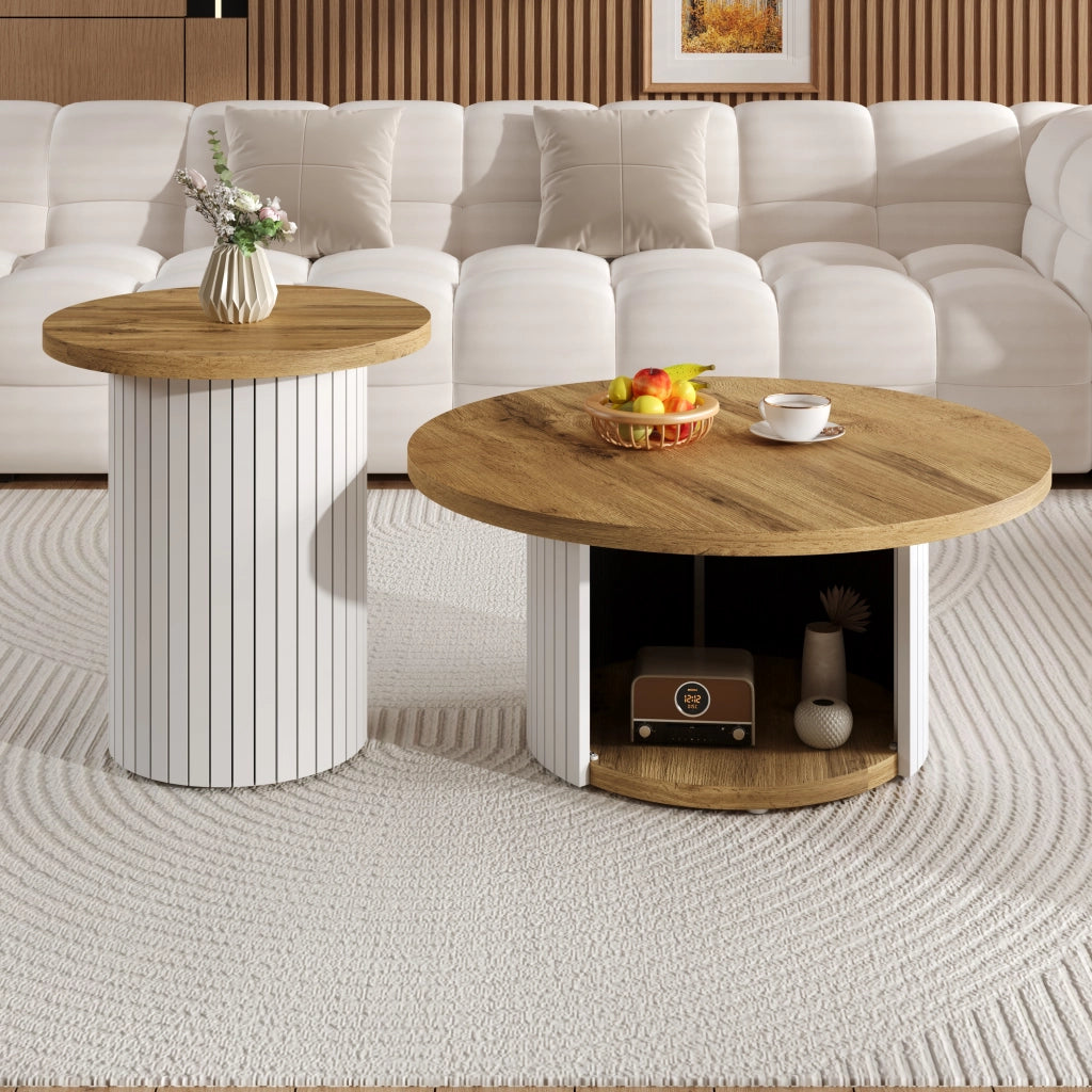 TAVOLINO da salotto rotondo set 2 pezzi 75x75x50+45x45x35 cm MDF naturale