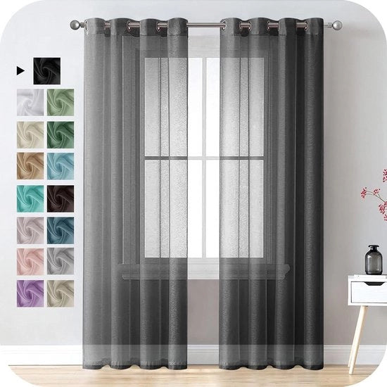 Vetrata con anelli - Tela di voile - Aspetto di lino nero - 225 x 140 cm - Set a due pezzi