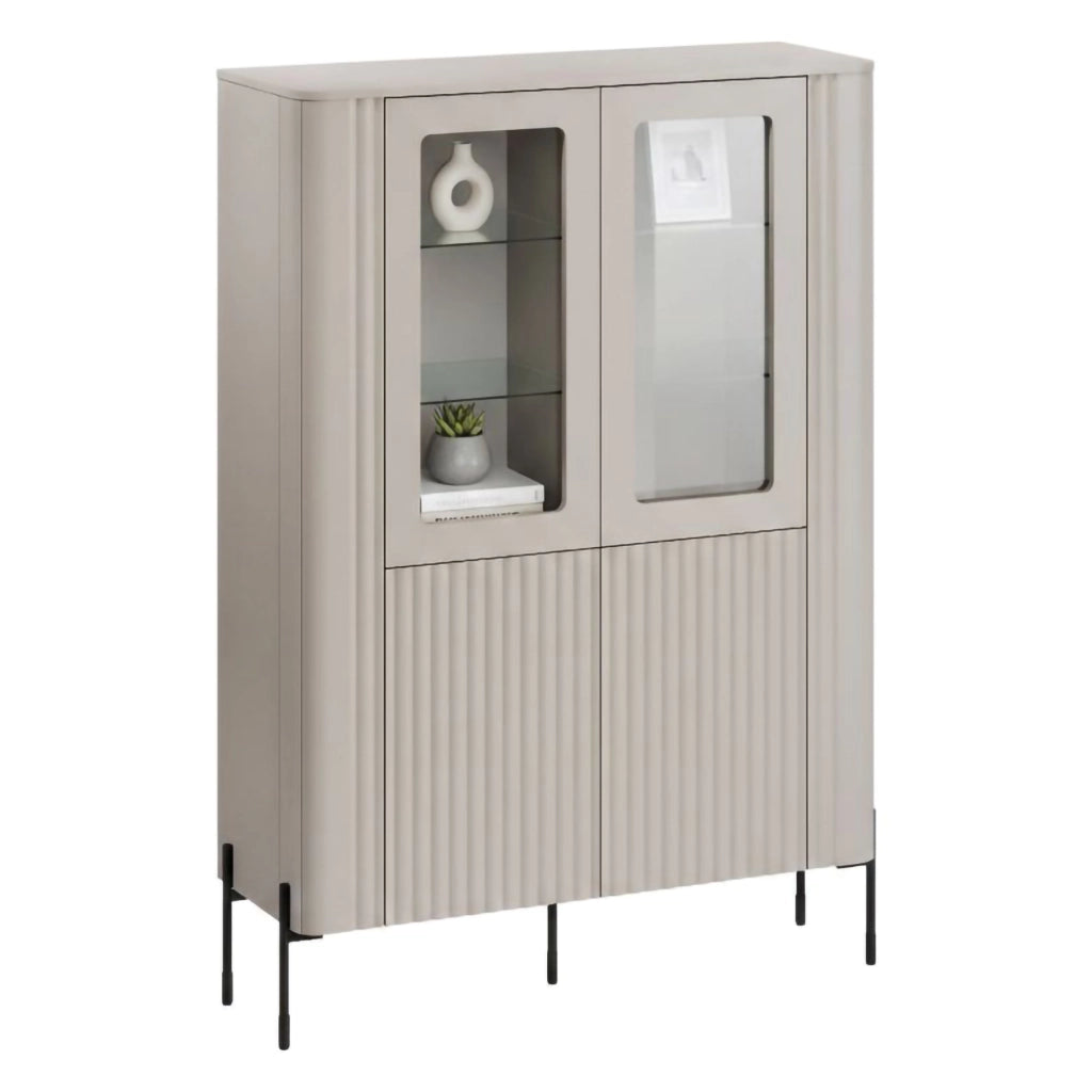 Vetrina Cimino, Vetrinetta da soggiorno con due ante e dettaglio in vetro, Rialzato da terra, 110x40 h160 cm, Beige