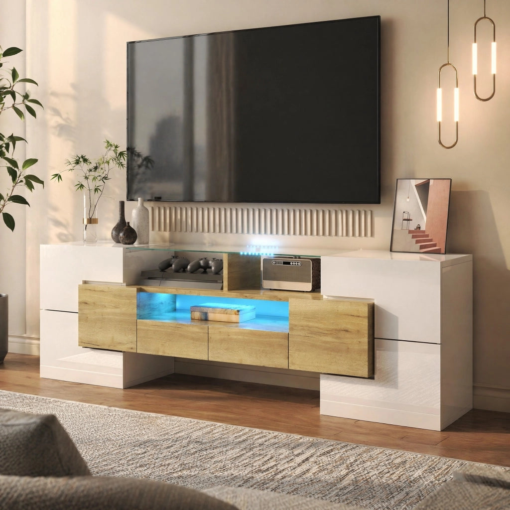 Mobile TV moderno bianco e oro con LED, 145 x 30 x 51 cm