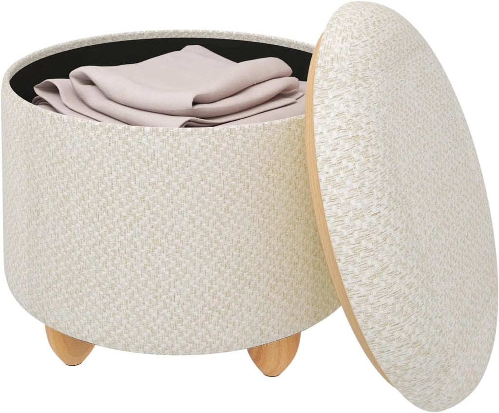 Pouf Contenitore con Coperchio, Pouf Poggiapiedi in Lino Grosso, Sgabello Tondo Salvaspazio con Gambe in Legno di Pino per Soggiorno, Corriodio, Camera, Ø 39x33 cm, Beige