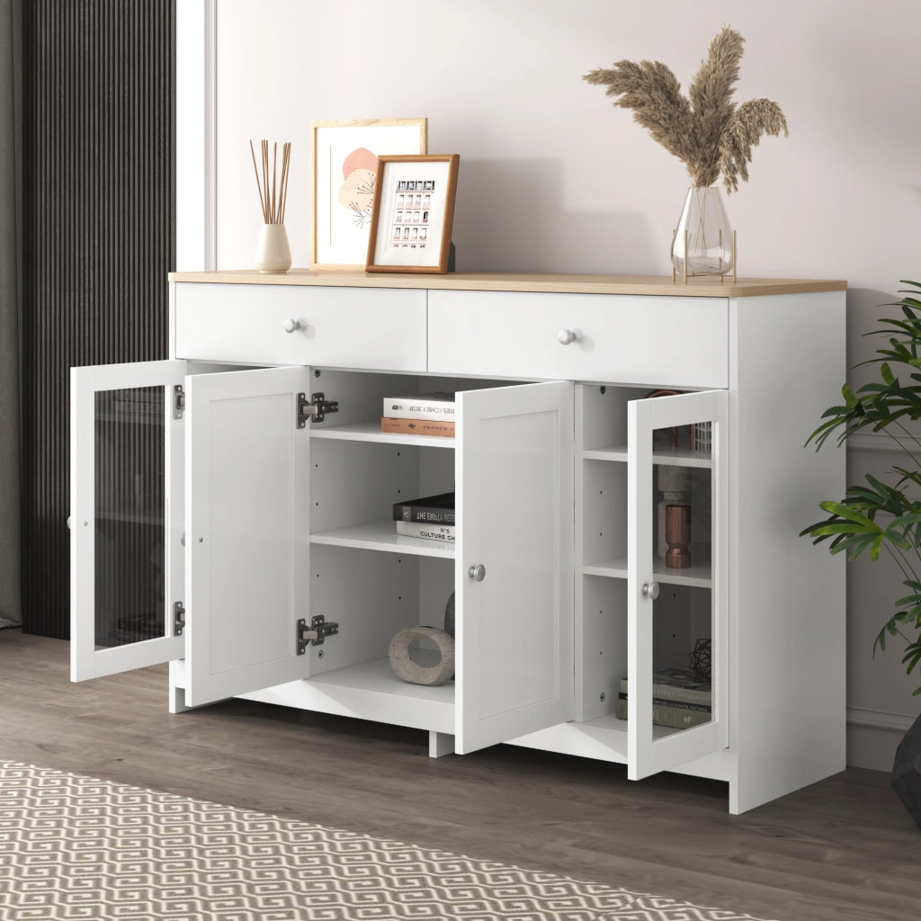 Credenza e Madia con 4 Ante di cui 1 in Vetro; 2 Cassetti e Ripiani Regolabili; Stile Country; in MDF; 120??37??80 cm; Bianco