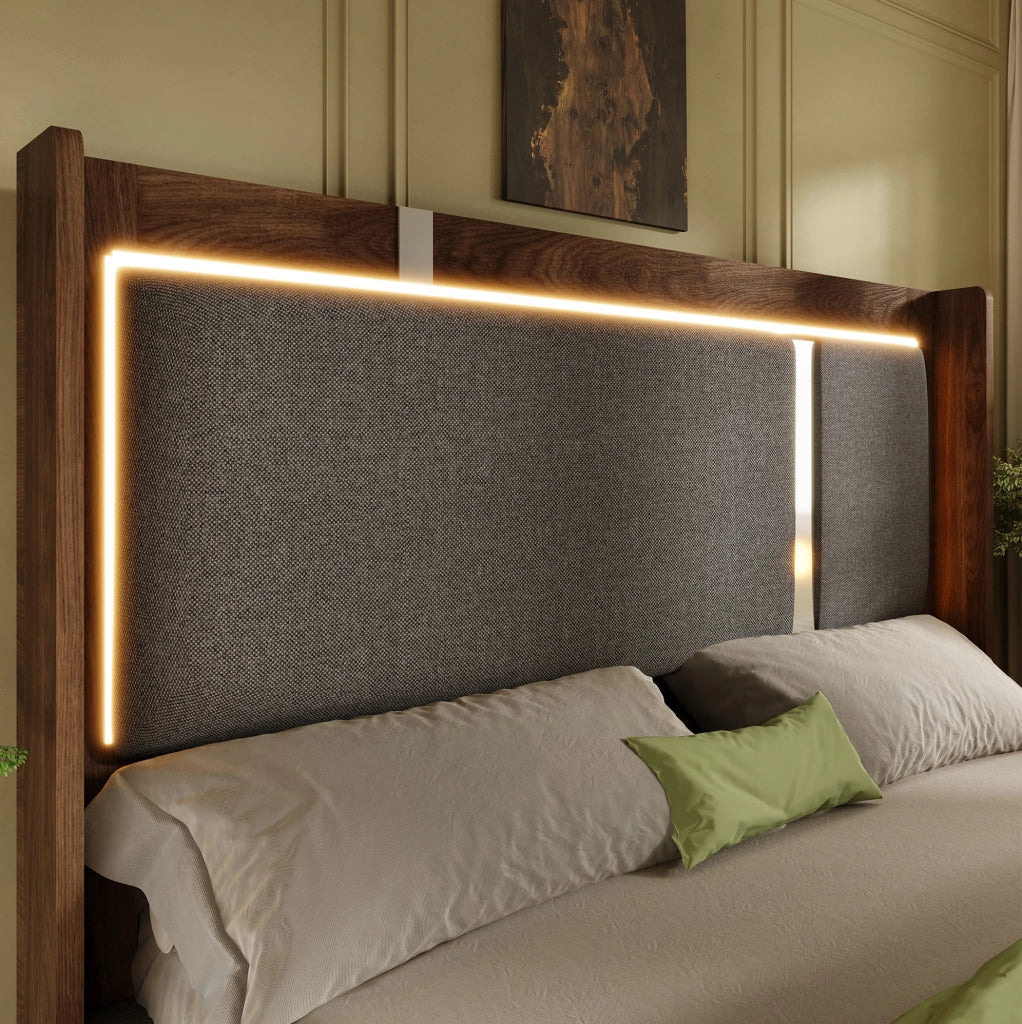 Letto matrimoniale imbottito 180x200 cm con LED e vano contenitore