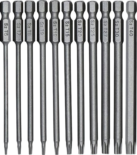 Set di Bit Torx Magnetici a Lunghezza 100mm per Acciaio con Protezione Torx, 11 pz, T6-T40, 1/4 Hex Schacht