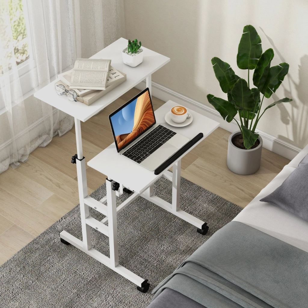 Scrivania mobile con altezza regolabile con piano diviso e ruote, Scrivania per computer per ufficio casa Bianco
