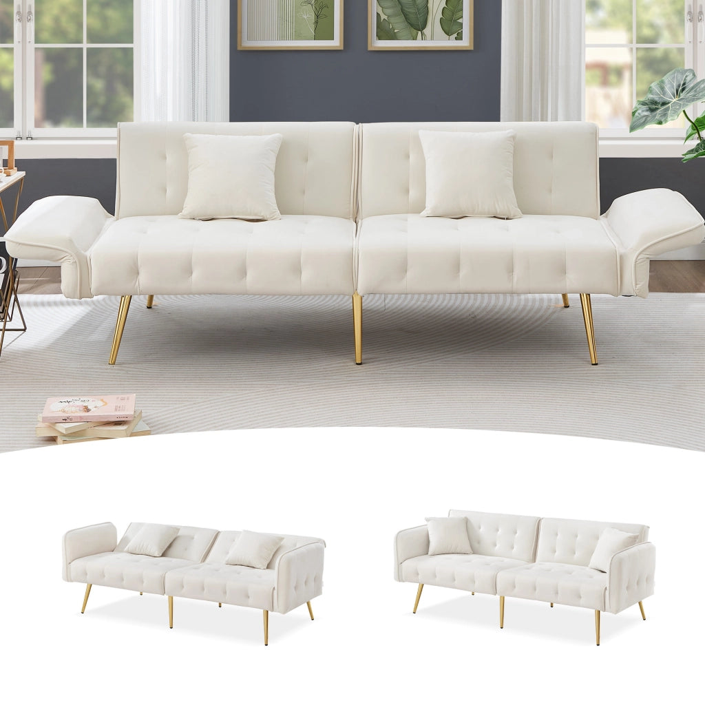 Divano letto 215x81.5 cm con schienale e braccioli regolabili in schiuma bianco antico