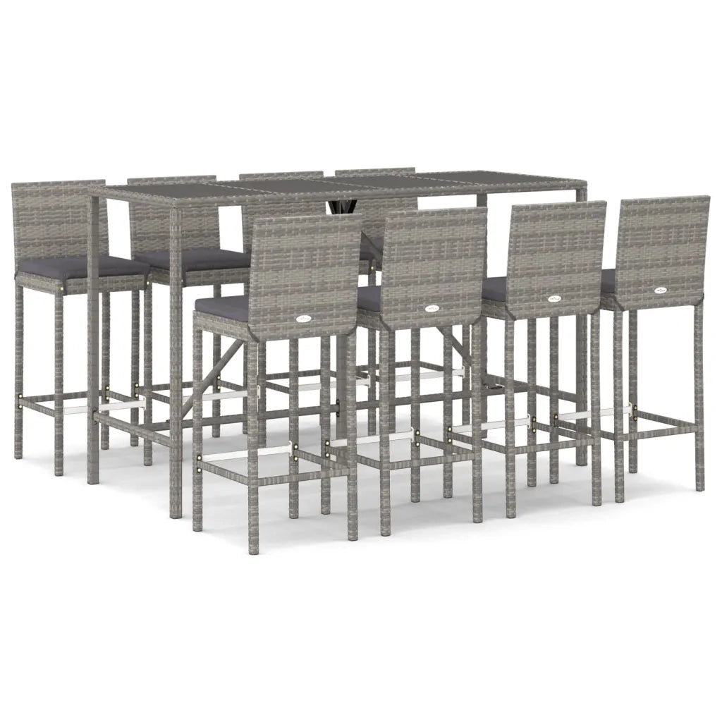 Set Bar da Giardino 9 pz con Cuscini in Polyrattan Grigio