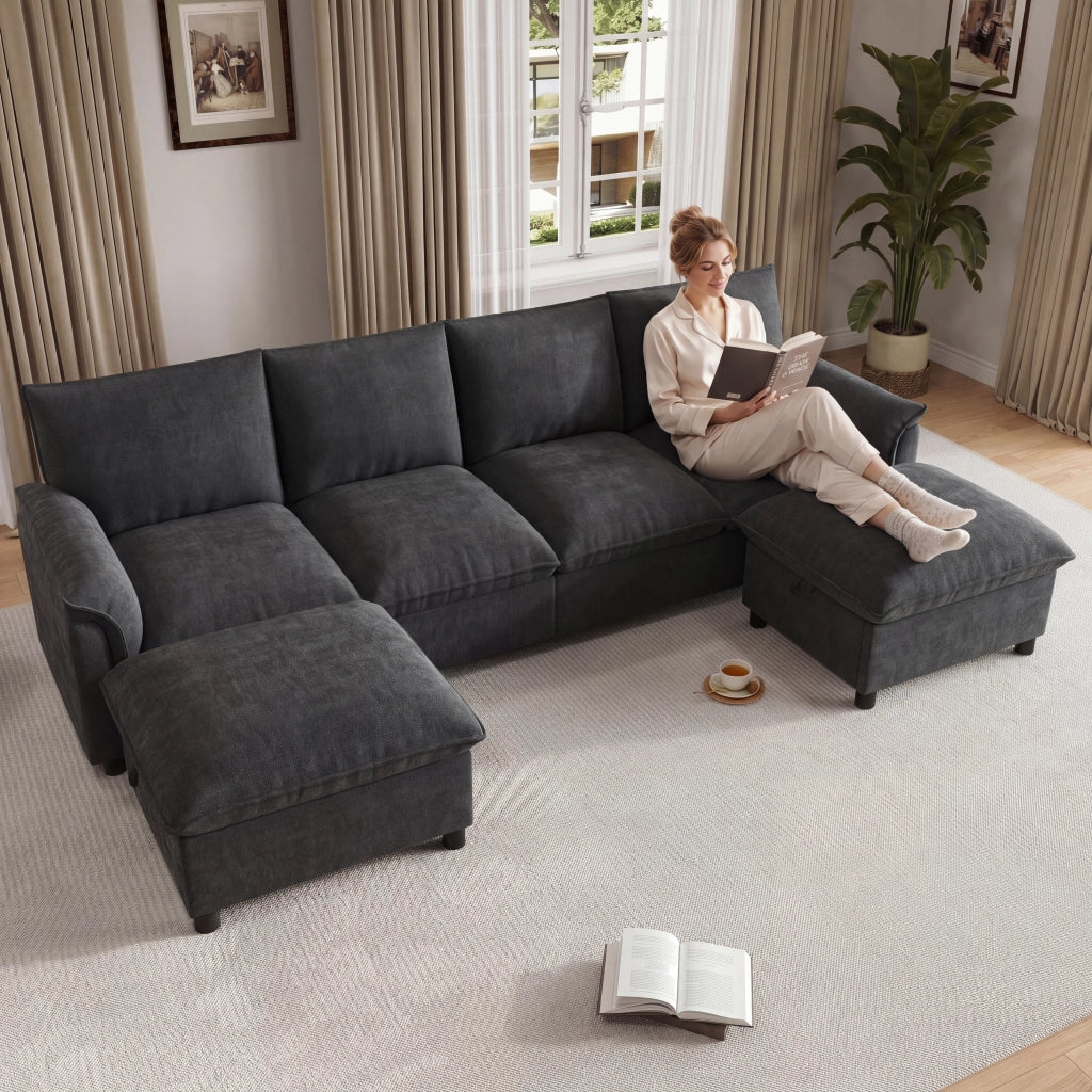 Divano panoramico a U modulare con seduta profonda e 2 pouf mobili con schienale alto e contenitore in chenille nero