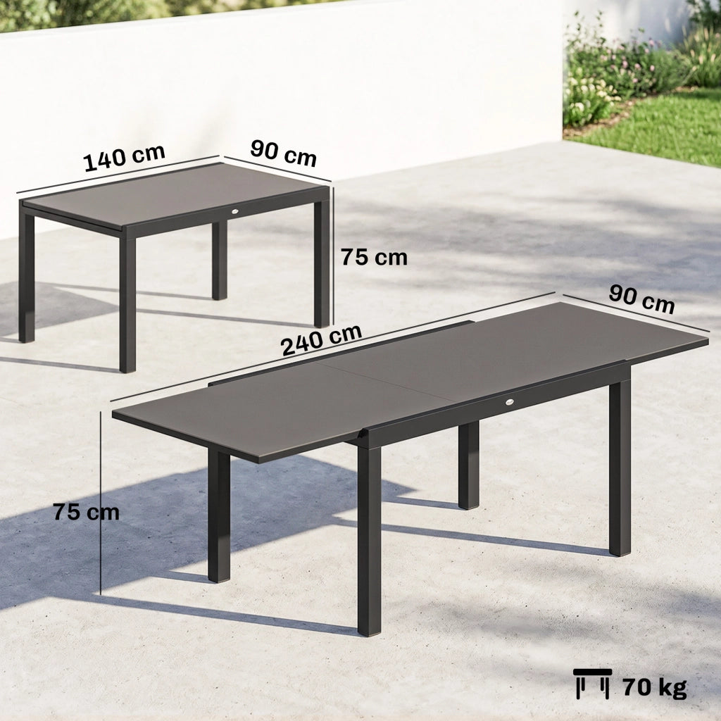 Tavolo da Giardino Allungabile per 8-10 Persone con Piano in Vetro Temperato, in Alluminio, 140/240x90 cm, Nero