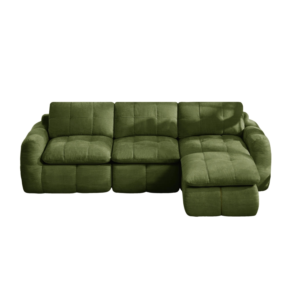 Divano modulare angolare 3 posti con pouf 264x160x68 cm in chenille verde
