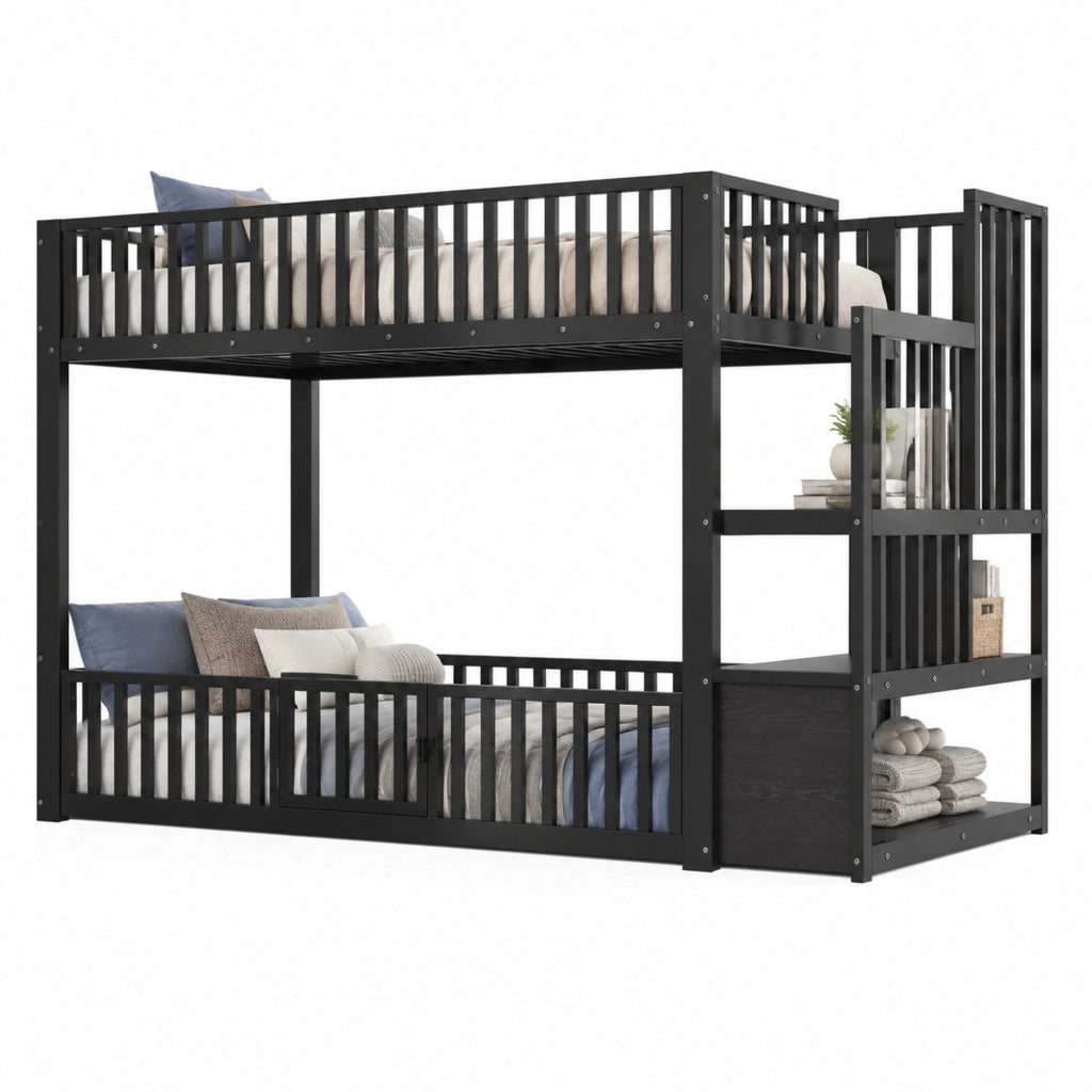 Letto a castello 90x200 cm con LED e scala; in MDF e metallo; nero