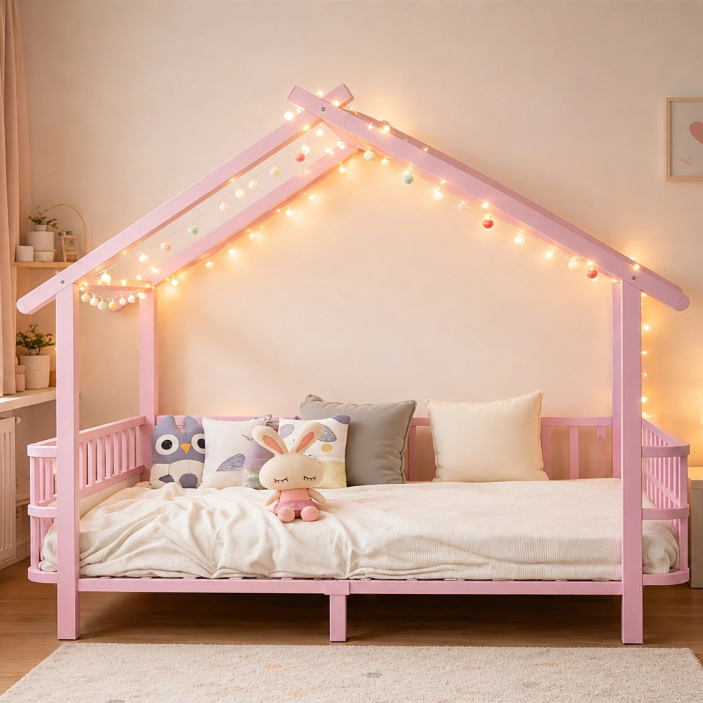 Letto per bambini in metallo a forma di casa 90 x 200 cm, con sbarre di sicurezza, design a tetto, rosa