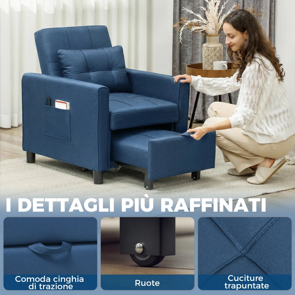 Poltrona Letto Pieghevole 69x82x85 cm con Schienale Regolabile e Cuscino in Tessuto Effetto Lino Blu