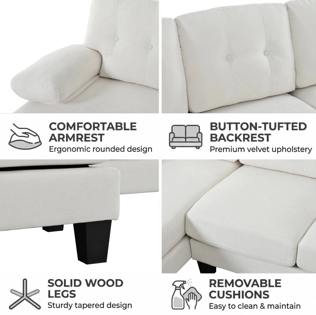 Divano a U per 4 persone in tessuto ciniglia beige con doppia chaise longue e cuscini comodi