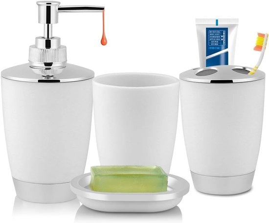 Set accessori per la camera da bagno - Comprende bicchiere Tappo per spazzola da denti Scatola per sapone Dispensatore Flacone di crema - Stile moderno e elegante - Kit (bianco)