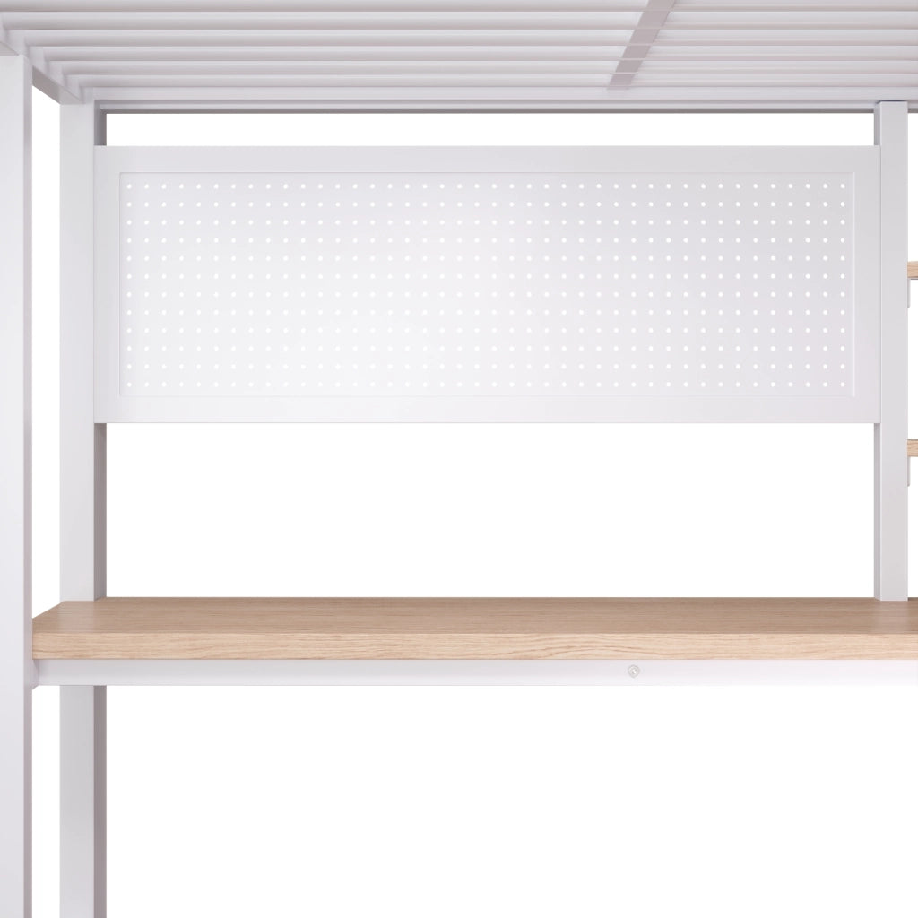 Letto a soppalco matrimoniale 140×200 cm con scrivania; USB e Type-C; LED; ripiani; scala contenitore; senza materasso; bianco