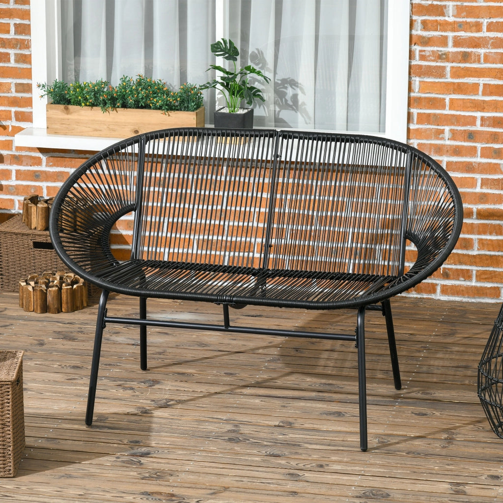 Panca Da Giardino Due Posti In Rattan Nero 132 X 72 X 83 Cm Per Veranda E Balcone