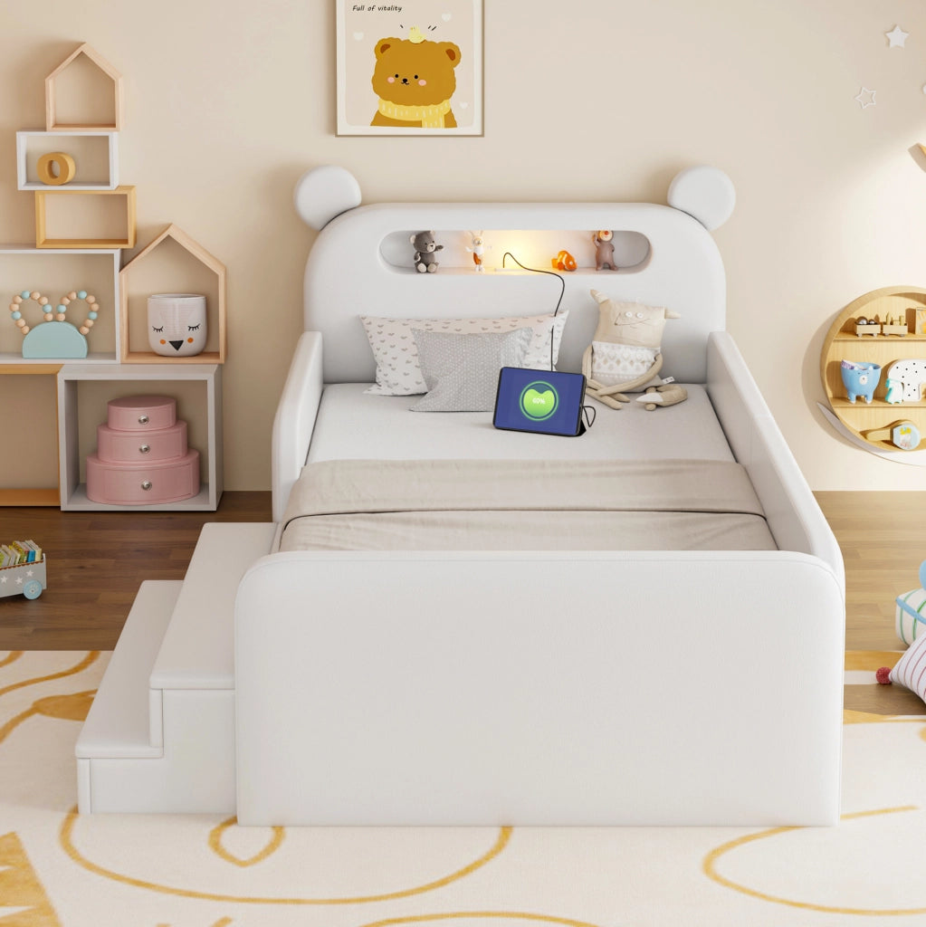 Letto imbottito per bambini 90x200 cm con testiera a orso; luce notturna; USB e contenitore; bianco