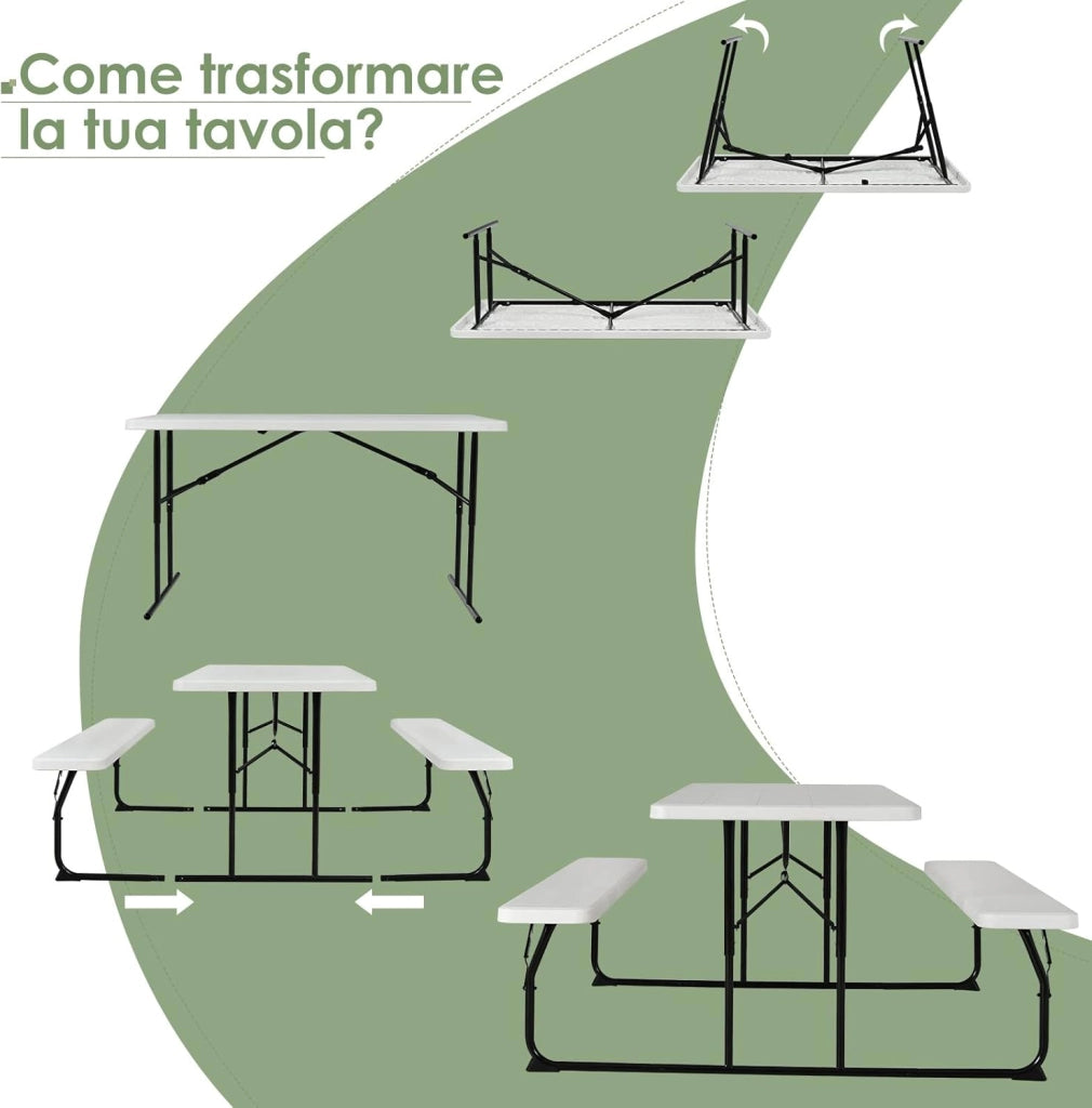 Set di Tavolo Campeggio Pieghevole, 136 x 151 x 73cm, Set di Tavolino e 2 Panca da Campeggio all’Aperto, da 4-6 Posti, per Patio Giardino Bordo Piscina (bianco)