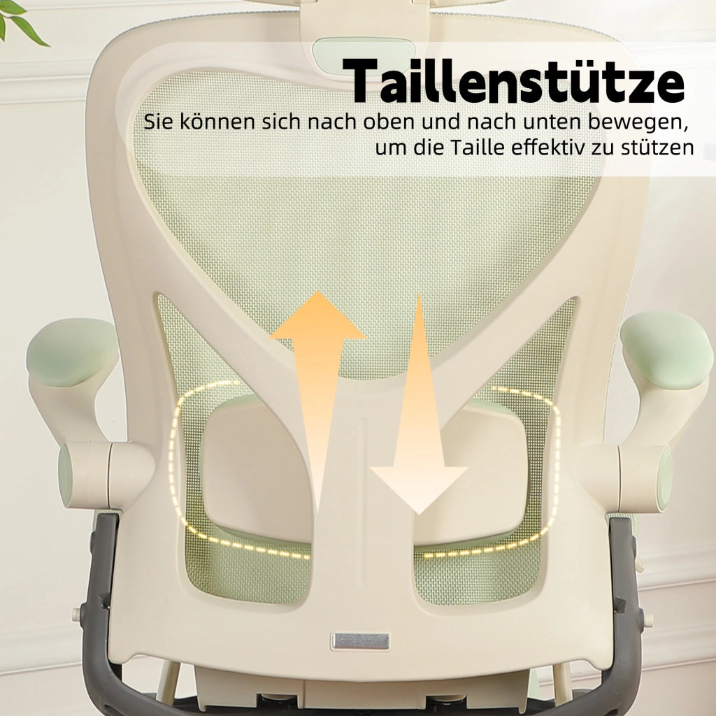 Sedia da ufficio ergonomica pieghevole con supporto lombare, poggiatesta 3D e braccioli ribaltabili in mesh verde