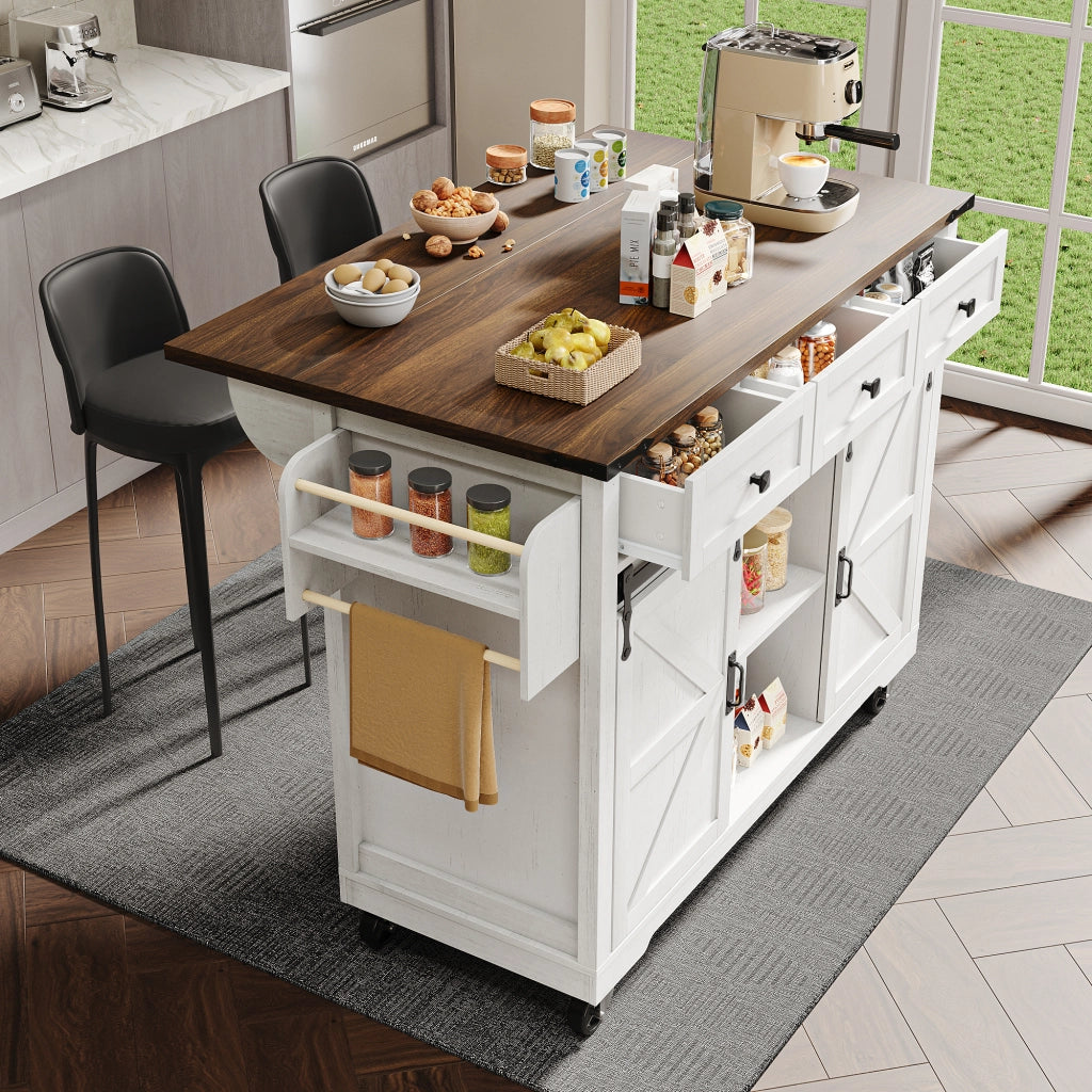 Carrello da cucina con 3 Cassetti; 2 Ante Scorrevoli; Piano Pieghevole e Ruote; in MDF; 140x45x94 cm; Beige