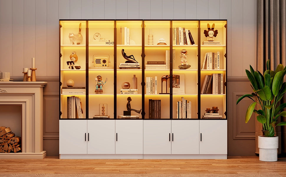 Vetrina alta con 12 ante in vetro e LED, 240x32x200 cm, armadio multifunzione in MDF bianco