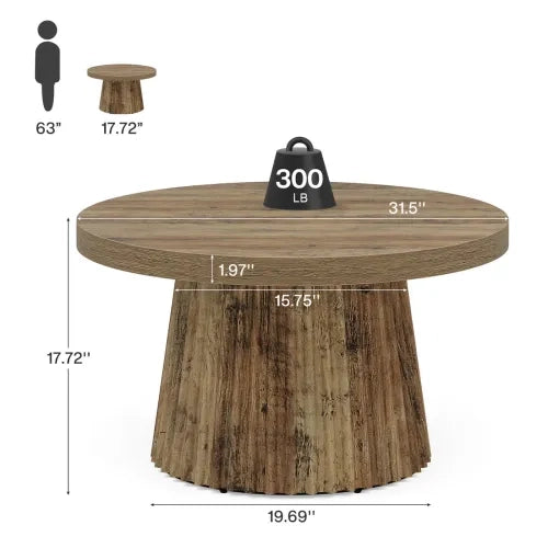 Tavolino basso rotondo con base a colonna scanalata in MDF marrone, piano da 80 cm, per soggiorno
