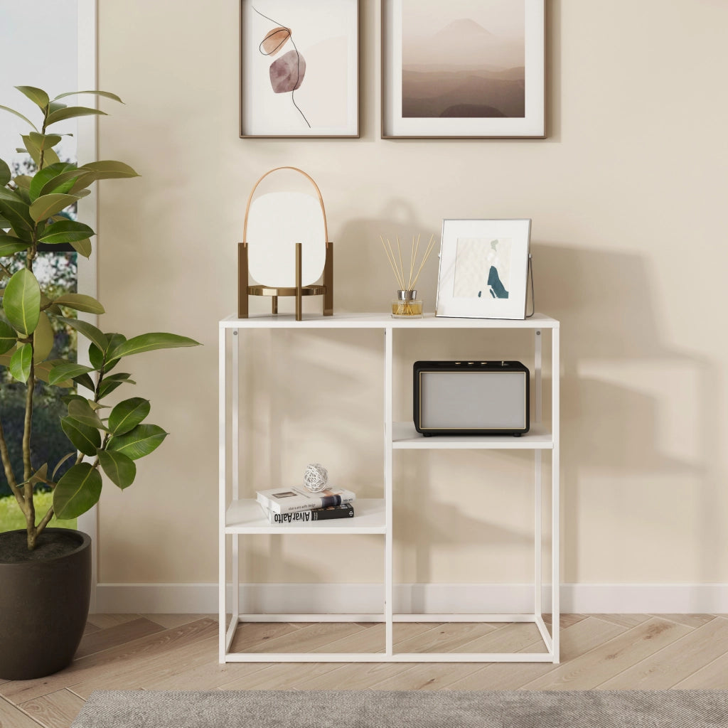 Tavolo a Consolle Strömstad Scaffale da Terra Espositore 80x80x26 cm Acciaio Bianco opaco [en.casa]