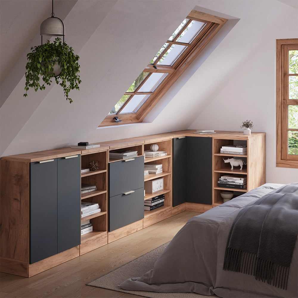 Mobile cucina angolare per sottotetto R-Line Antracite-oro/Rovere dorato 75.6 cm con 1 porta, carcassa dell’armadio profondità 60 cm Vicco