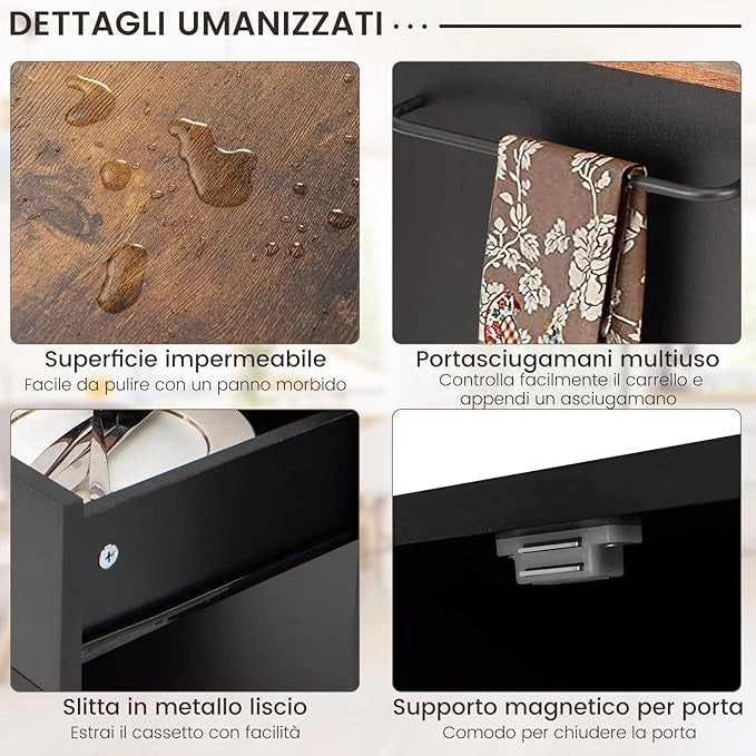 Carrello da Cucina con Ruote, Isola da Cucina con 3 Portaspezie 1 Cassetto Armadietto a 2 Porte, Carrello Portaoggetti con Portasciugamani, 82x46x92 cm (Nero)