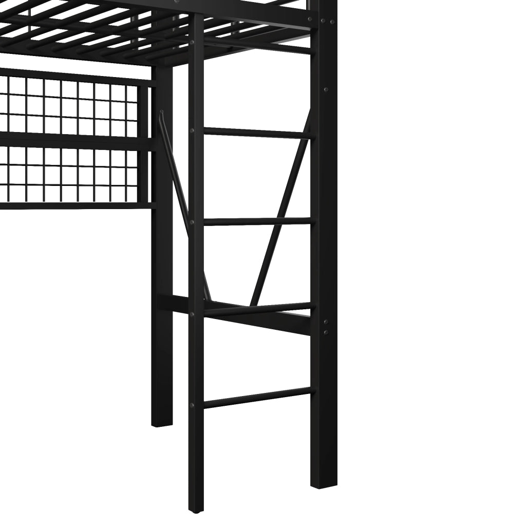 Letto a soppalco singolo 90×200 cm con LED; ripiano e appendiabiti; senza materasso; metallo; nero